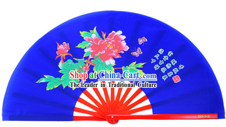 Blue Traditional Kung Fu Double Fans Peony Pattern for Right and Left Hands