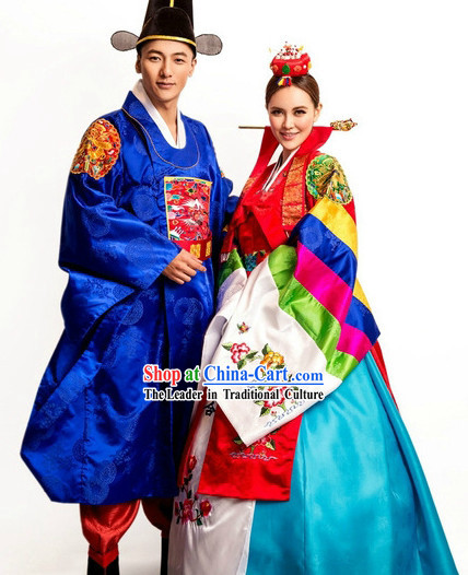 Ancient Korean Wedding Dresses and Hat for Bride and Bridegroom
