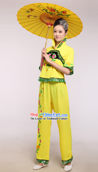 Chinese Classic Yellow Stage Performance Umbrella Dancing Suit and Headdress