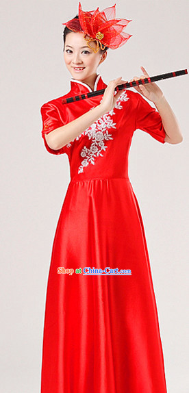 Traditional Bamboo Flute Mandarin Collar Stage Performance Dresses