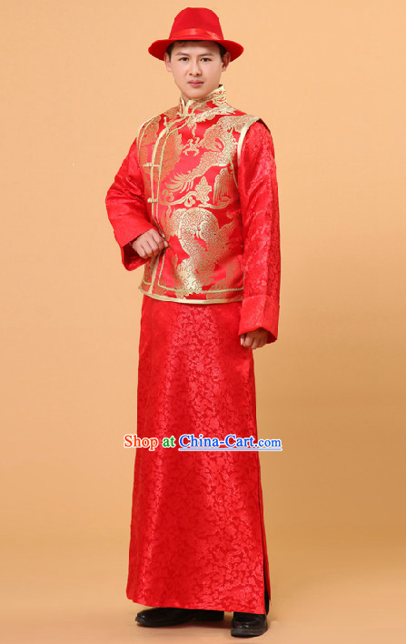 Traditional Chinese Wedding Ceremony Banquet Dresses and Hat for Bridegroom