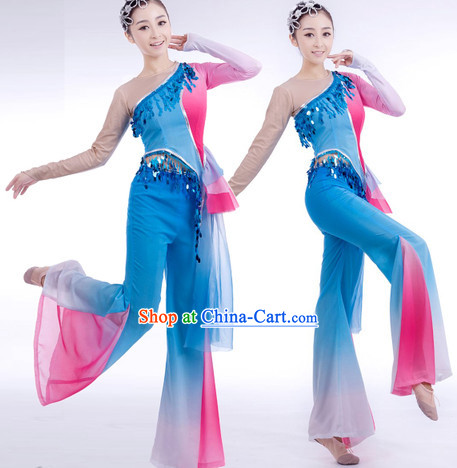 Traditional Chinese Blue Ribbon Dancing Suit Complete Set for Women