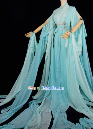 Traditional Chinese Sky Blue Hanfu Dresses with Long Tail