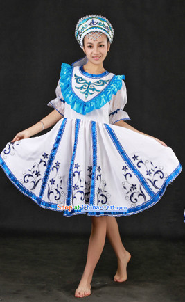 White Russia People Dance Costumes and Hat Complete Set