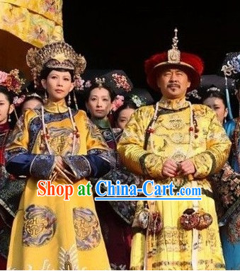 Chinese Qing Dynasty Emperor and Empress Hats and Dragon Phoenix Robes