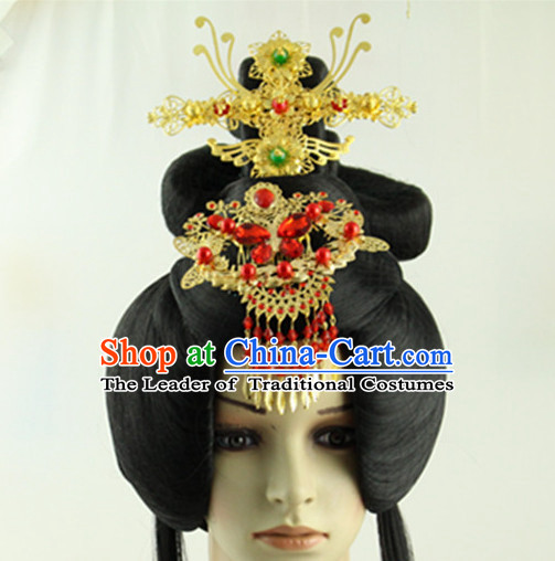 Ancient Chinese Princess Long Black Wigs and Handmade Hair Jewelry