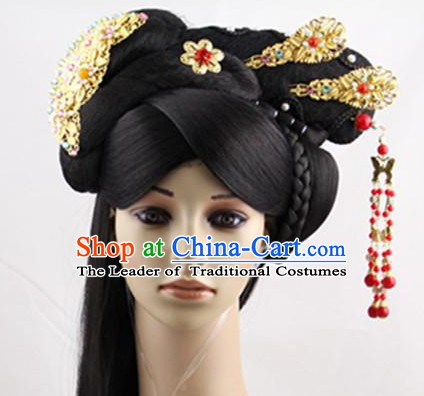 Ancient Chinese Palace Lady Black Wigs and Handmade Hair Accessories