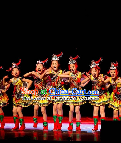 Chinese Folk Ethnic Dance Costumes and Hat for Kids
