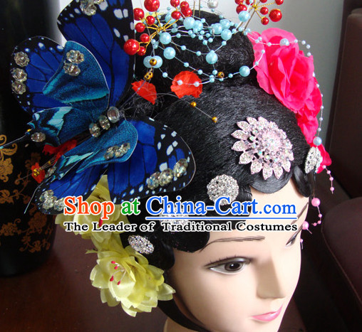 Chinese Stage Dancel Performances Queen Butterfly Hair Jewelry and Black Long Wigs
