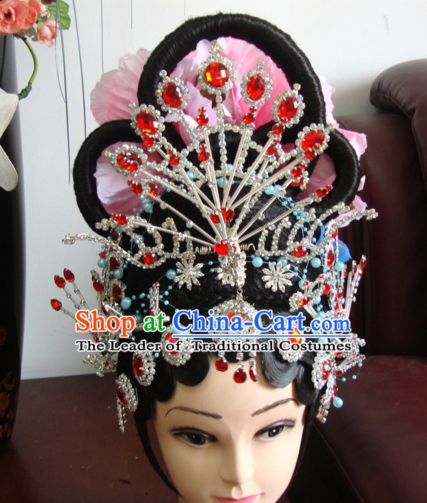 Ancient Chinese Stage Hua Dan Black Long Wigs and Hair Accessories
