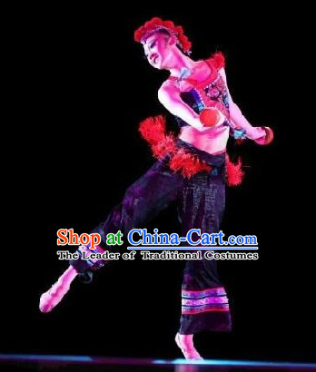 Chinese Folk Ethnic Dance Costume and Headwear Complete Set for Girls or Women