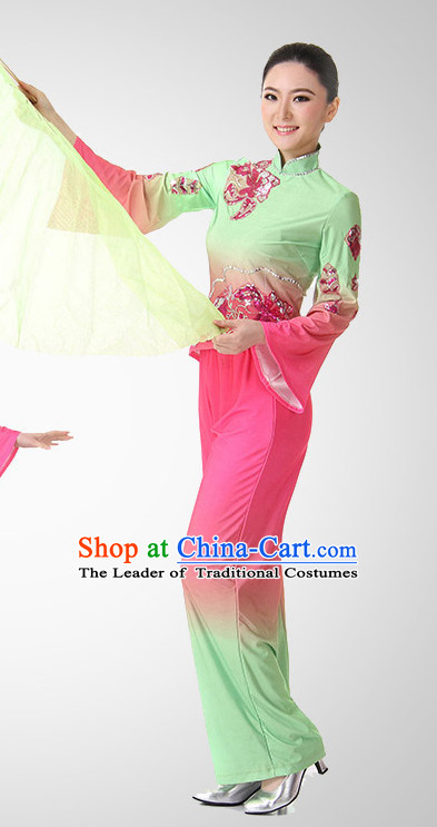 Chinese Folk Fan Dance Costume Wholesale Clothing Discount Dance Costumes Dancewear Supply and Hat for Girls