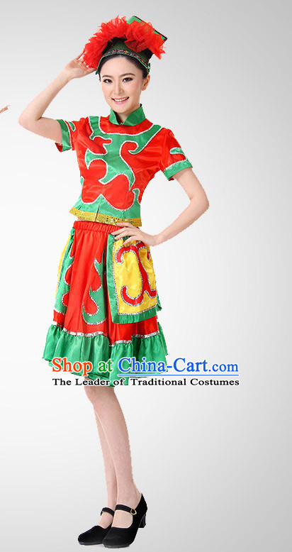 Chinese Folk Ethnic Dance Costume Wholesale Clothing Discount Dance Costumes Dancewear Supply and Headpieces for Ladies