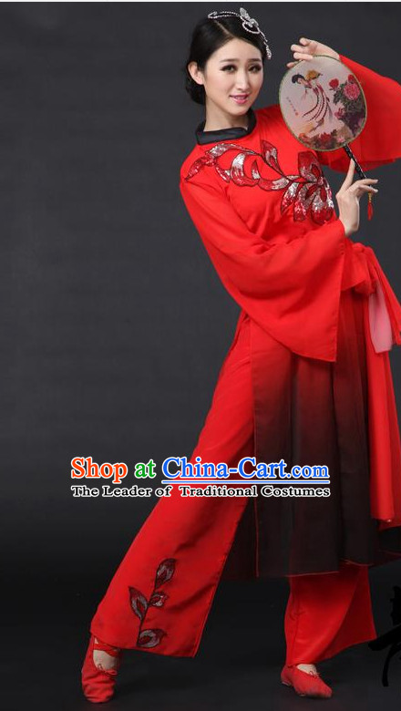 Red Chinese Classical Girls Dance Costumes Leotards Dance Supply Clothes and Hair Accessories Complete Set