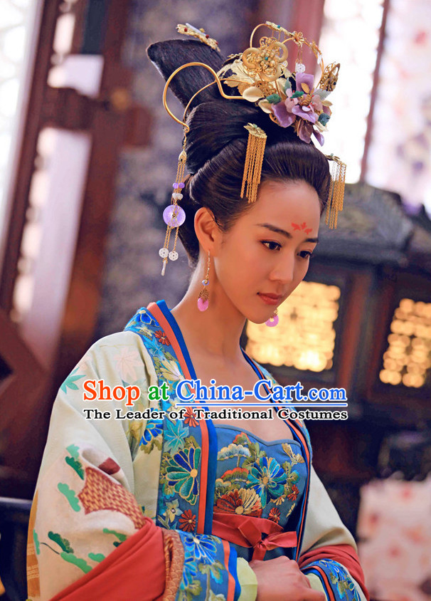 Chinese Ancient Style Tang Dynasty Imperial Wigs and Hair Jewelry Accessories Hairpins Headwear for Women
