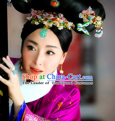 Chinese Qing Dynasty Black Long Wigs and Headwear Headpieces Hair Jewelry Headdress for Women