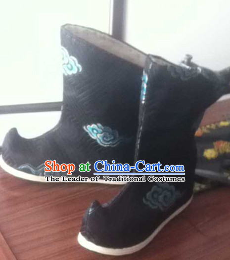 Traditional Asian Black Long Boots with Clouds