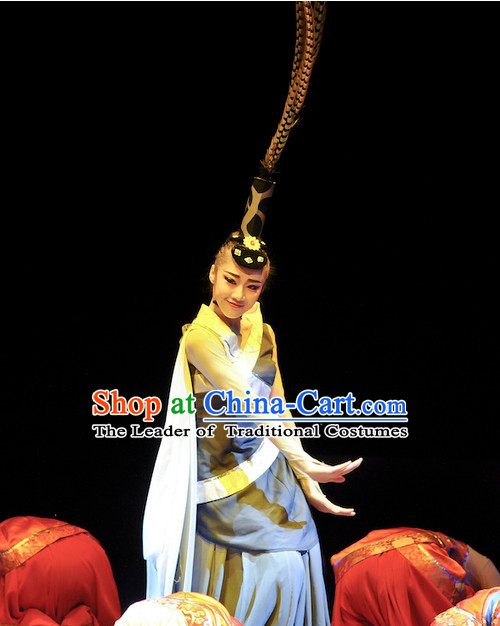 Chinese Classical Dance Costumes and Long Feathers Headwear Complete Set for Women