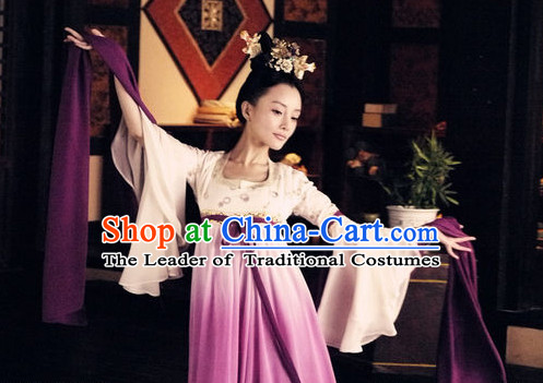 Ancient Chinese Wide Sleeves Classical Dance Costumes and Headwear