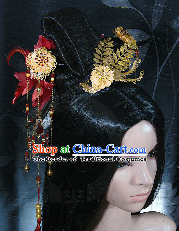 Ancient Asian Chinese Japenese Korean Queen Princess Empress Cosplay Long Wigs Classic Lace Front Toupee Hair Extensions Wig and Hair Jewelry Set