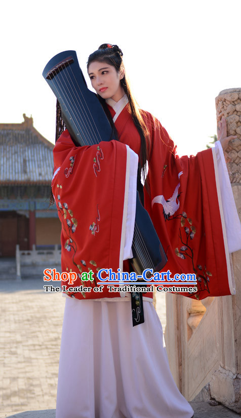 Ancient Chinese Han Dynasty Princess Queen Embroidered Cranes Clothes Garment Complete Set