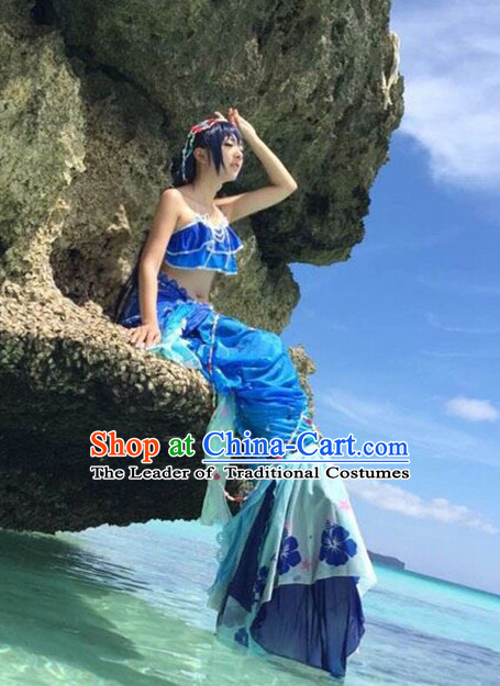 Chinese Mermaid Costume Ancient Chinese Costumes Japanese Korean Asian Fashion Cosplay Suits Outfits Garment Dress Clothes and Hair Jewelry for Women