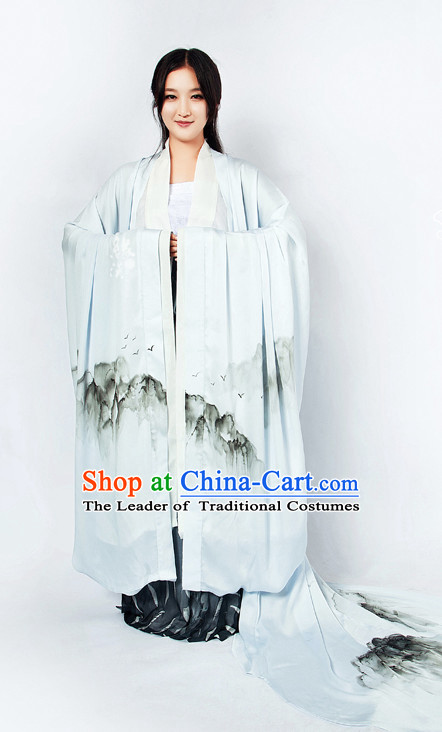 Chinese Classical Mountain Painting Han Dynasty Clothing and Hair Jewelry Complete Set for Women with Long Trail