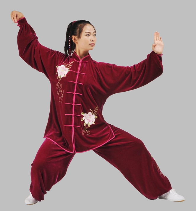 China Red Top Velvet Embroidery Kung Fu Pants and Blouse Complete Set for Women