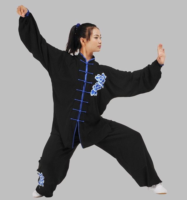 Black Top Velvet Embroidery Floral Kung Fu Suit Complete Set for Women