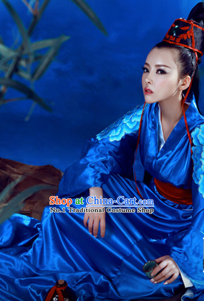 Asian Chinese Traditional Blue Hanfu Clothes for Ladies