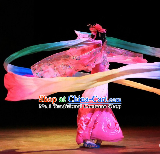 Chinese Classical Ribbon Dance Costumes and Headwear Complete Set