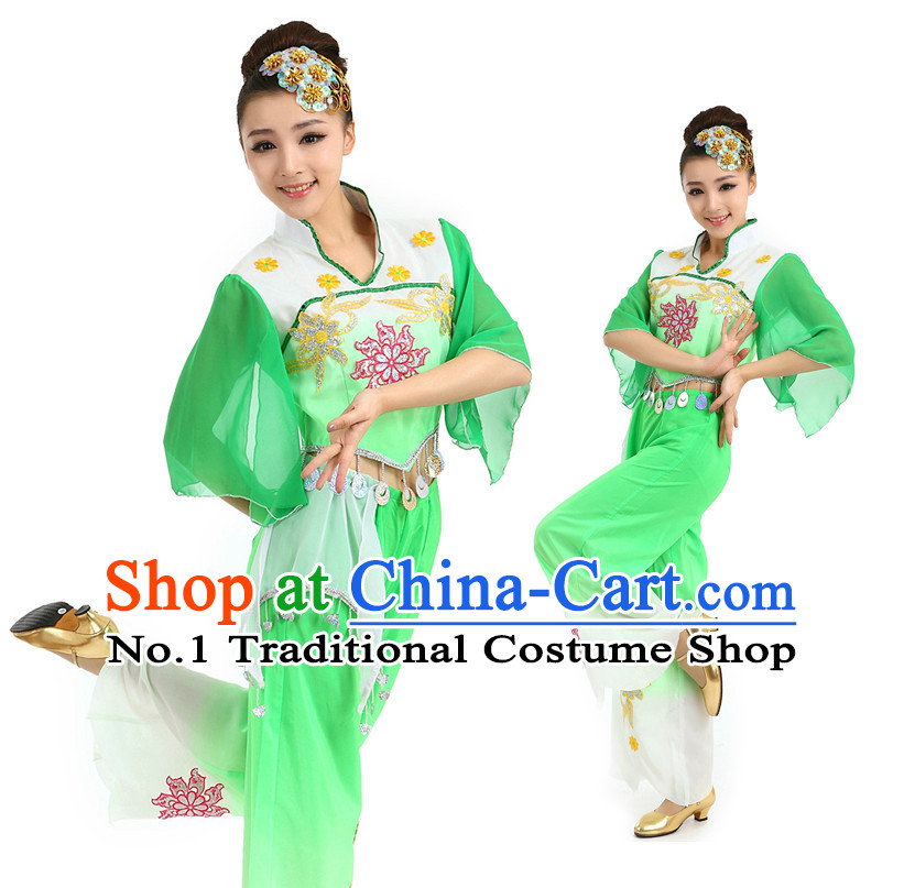Chinese Green Fan Dancing Costumes Apparel Dance Stores Dance Gear Dance Attire and Hair Accessories Complete Set