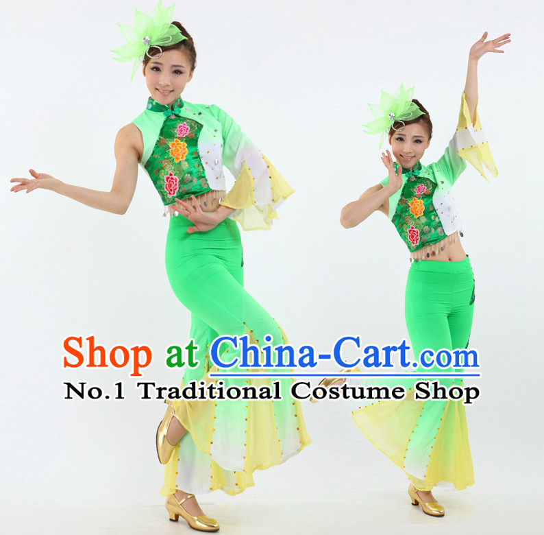 Chinese Fan Dancing Costumes Apparel Dance Stores Dance Gear Dance Attire and Hair Accessories Complete Set for Women