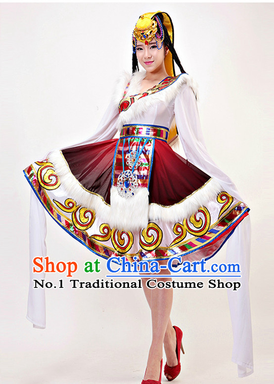 Traditional Chinese Tibetan Long Sleeev Dance Costumes Complete Set for Women
