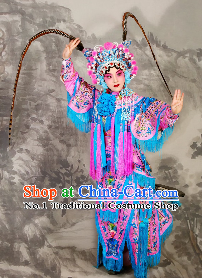China Beijing Opera Peking Opera Empress Phonenix Costumes and Long Pheasant Tail Feathers Helmet Complete Set for Women