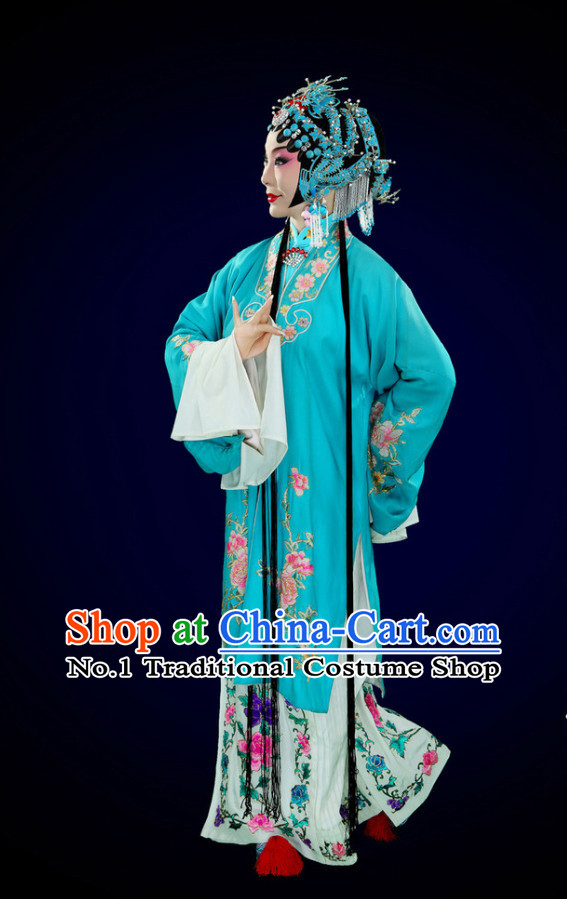 Chinese Peking Opera Beijing Opera Hua Tan Long Robe and Skirt Costumes and Hair Accessories Complete Set for Women