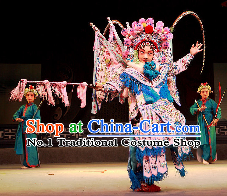 Chinese Beijing Opera Peking Opera Wu Tan Wu Dan Armor Fighting Costumes and Hair Accessories Complete Set for Kids