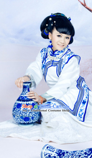Blue and White Chinese Folk Dress and Headpieces Complete Set for Ladies