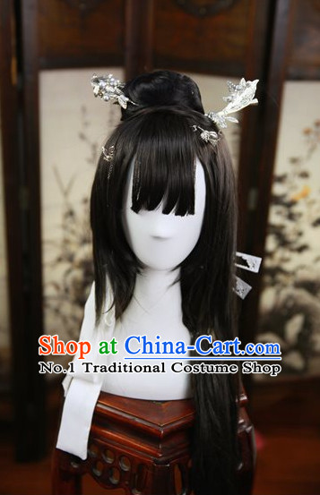 Chinese Traditional Black Long Wig and Hair Accessories