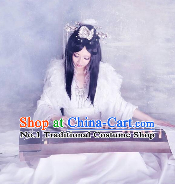 Chinese Classical White Musician Koto Costume Complete Set for Women