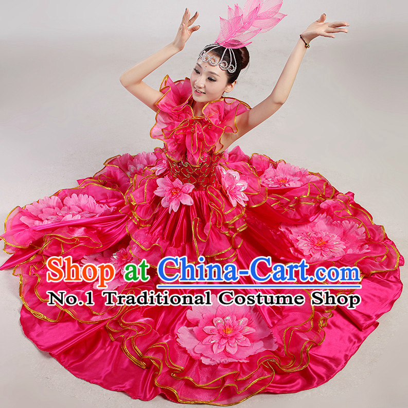 Chinese Folk Flower Dancing Costume and Headwear Complete Set for Women