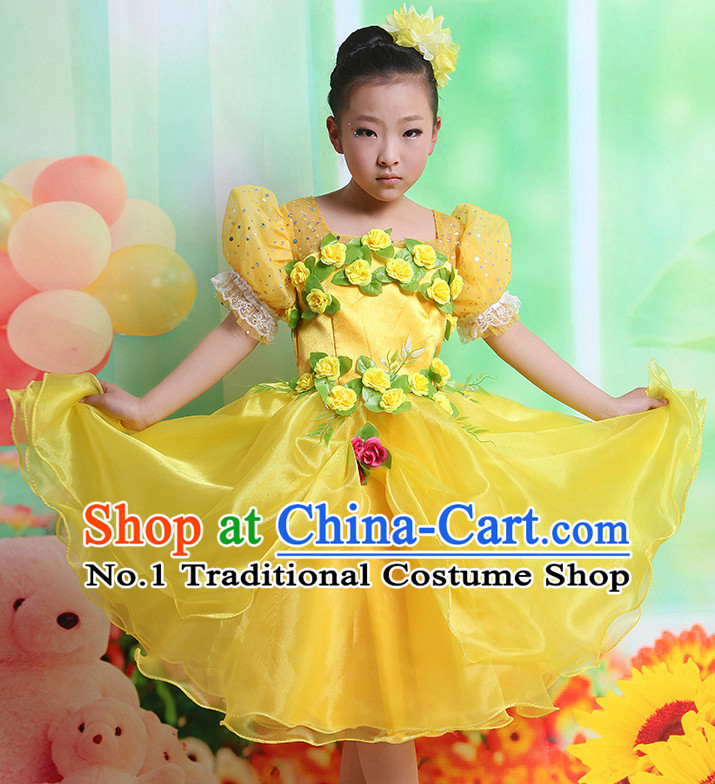 Chinese Flower Dancing Costume and Headwear Complete Set for Kids