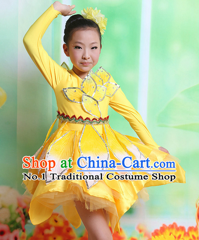 Chinese Fan Dancing Costumes and Hair Accessories Complete Set for Kids