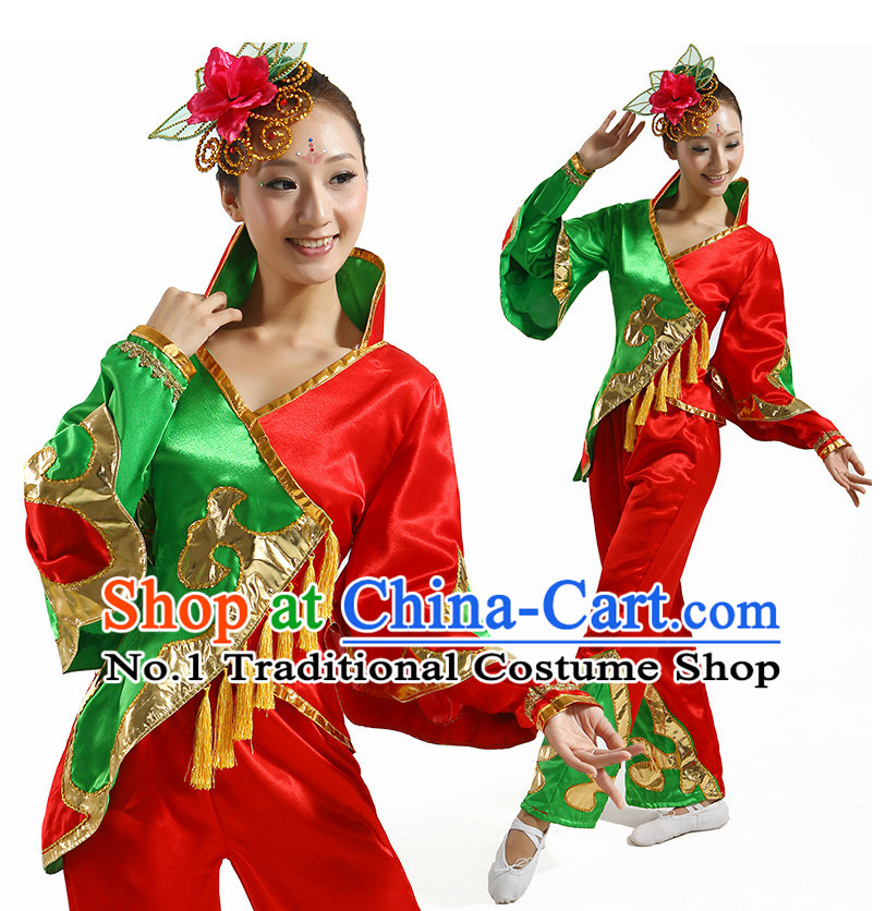 Chinese Flower Dancing Costume and Hair Accessory Complete Set for Ladies