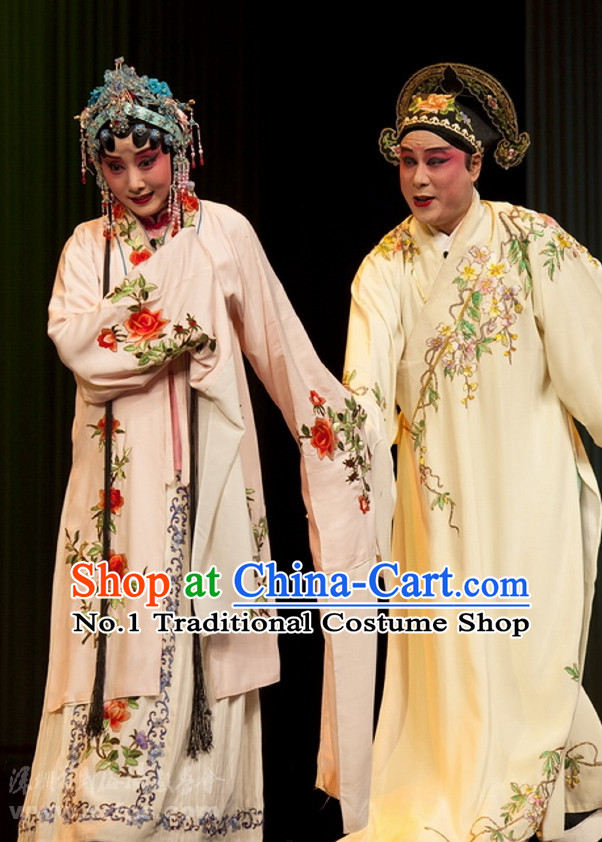 Ancient Chinese Beijing Opera The Peach Blossom Fan Costumes and Hair Accessories 2 Sets