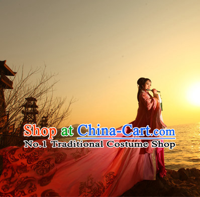 Chinese Traditional Queen Han Fu Clothes Oriental Costumes and Hair Accessories Complete Set for Ladies with Long Trail