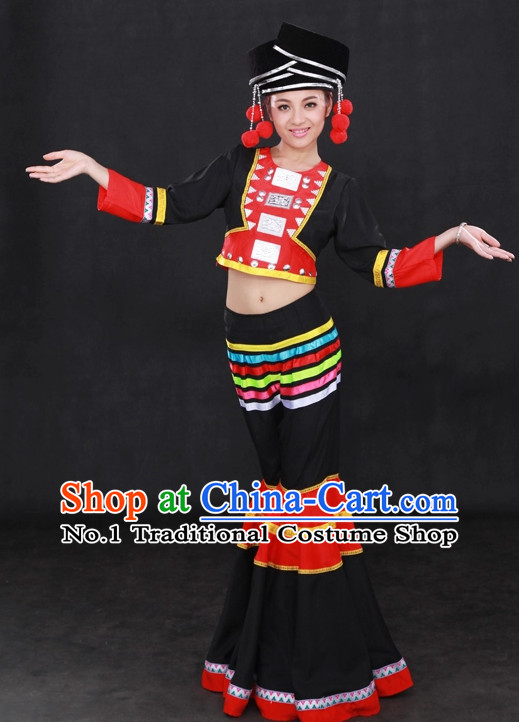 Traditional Chinese Ethnic Achang Nationality People Folk Dresses and Hat Complete Set for Women