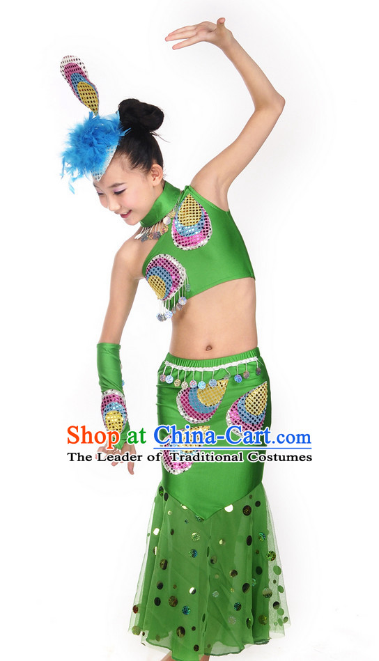 Green Yunnan Peacock Dance Costume and Headwear for Kids