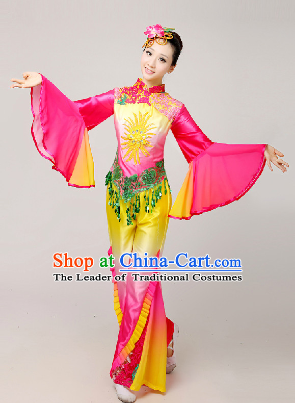 Chinese Festival Celebration Folk Fan Group Dance Costume and Hair Jewelry Complete Set