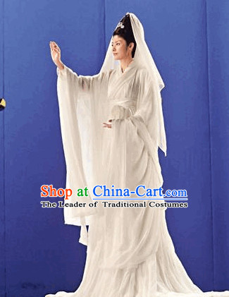Chinese White Fairytale Guanyin Costume and Headear Complete Set